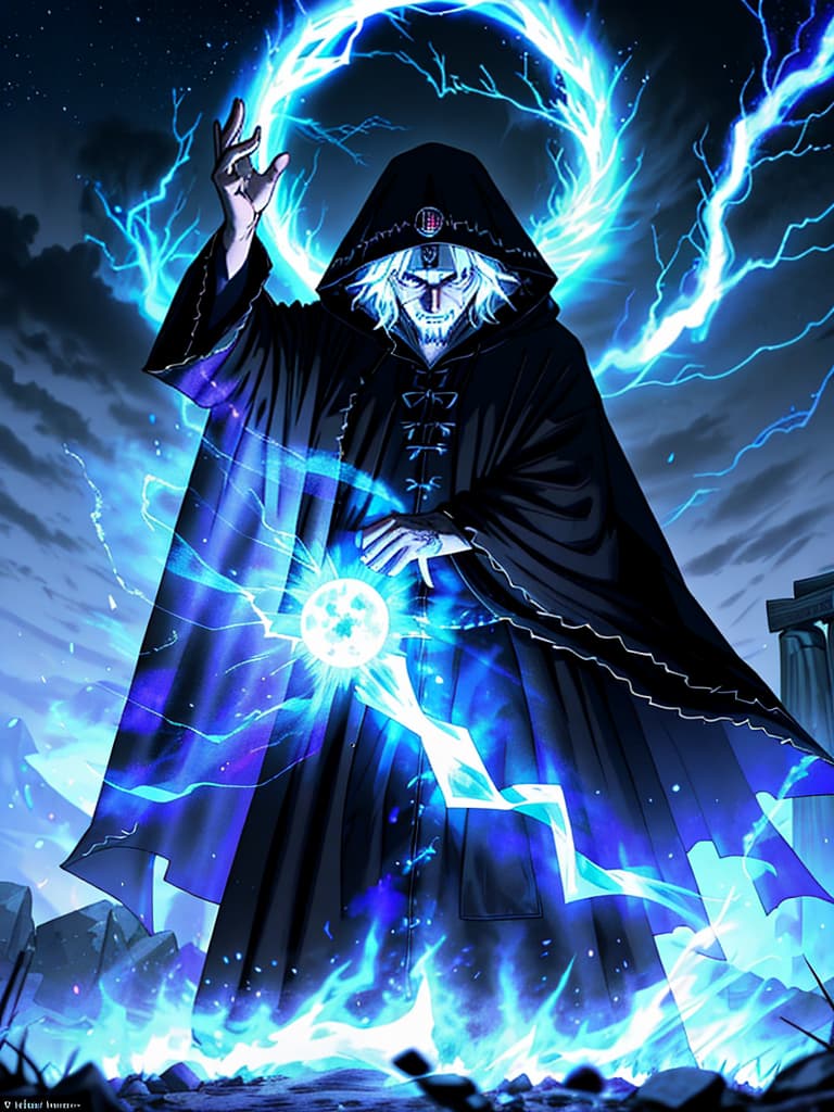  Pagan warlock, facing viewer, wearing a hooded cloak, his face hardened, eyes cold, a scar runs down the left side of his face; standing at an alter, conjuring a fire elemental from within Stonehenge during a thunder and lightning storm