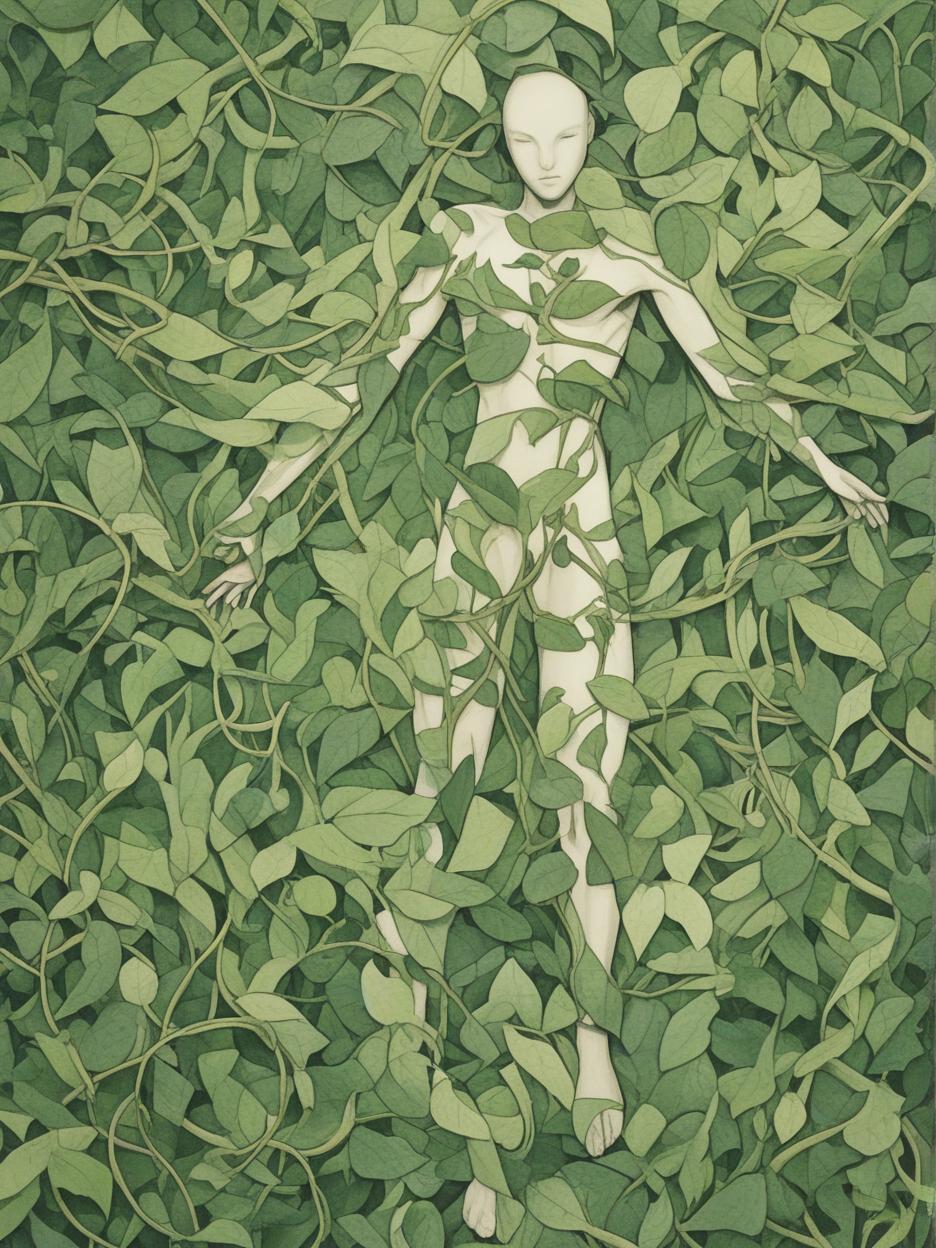  minimalism, person surrounded by green vines. their entire body., abstract, simple geometic shapes, hard edges, sleek contours, minimalism