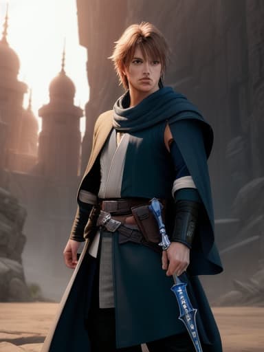  jedi knight with final fantasy amour, High quality, High resolution, highly detailed, cinematic lighting, intricate, sharp focus, (centered image composition), (professionally color graded), ((bright soft diffused light)), volumetric fog, trending on instagram, HDR 4K, 8K