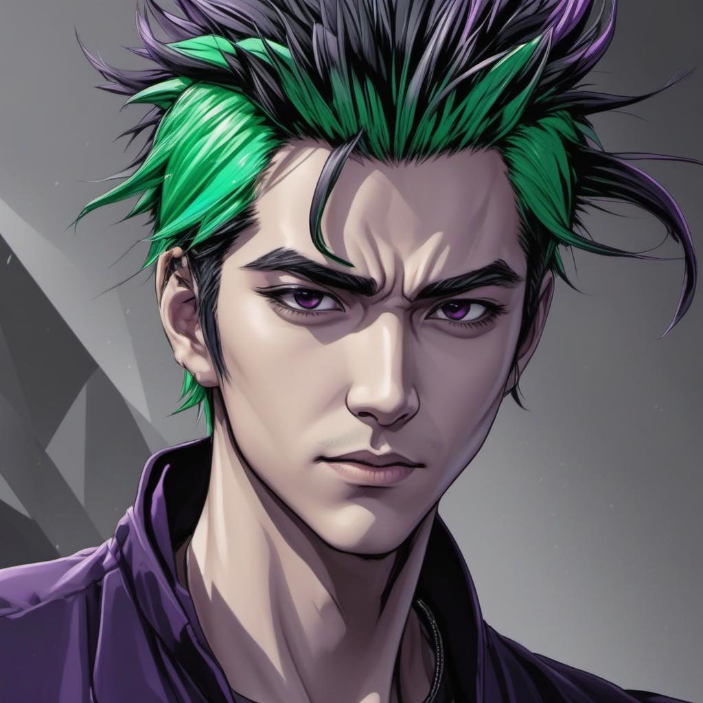  green and purple guy with medium spikey black hair gamer, anime style, manga style, manhwa style