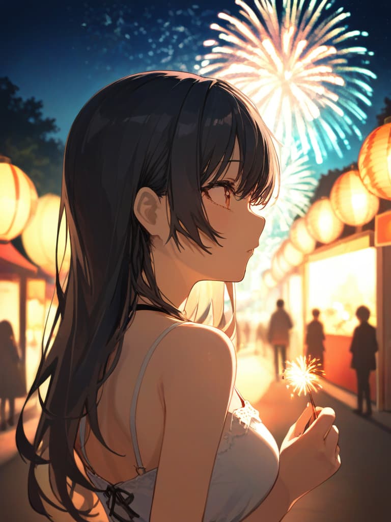  ((summer festival,fireworks,back view: 1.5,watching fireworks,long hair,black hair,white dress,summer festival,watching fireworks))、ultra detailed,best shadow,cute and beautiful face,(masterpiece:1.2),(best quality:1.2),detailed background,high contrast,(best illumination,an extremely delicate and beautiful),((cinematic light)),hyper detail,dramatic light,intricate details,8k,anime,very aesthetic