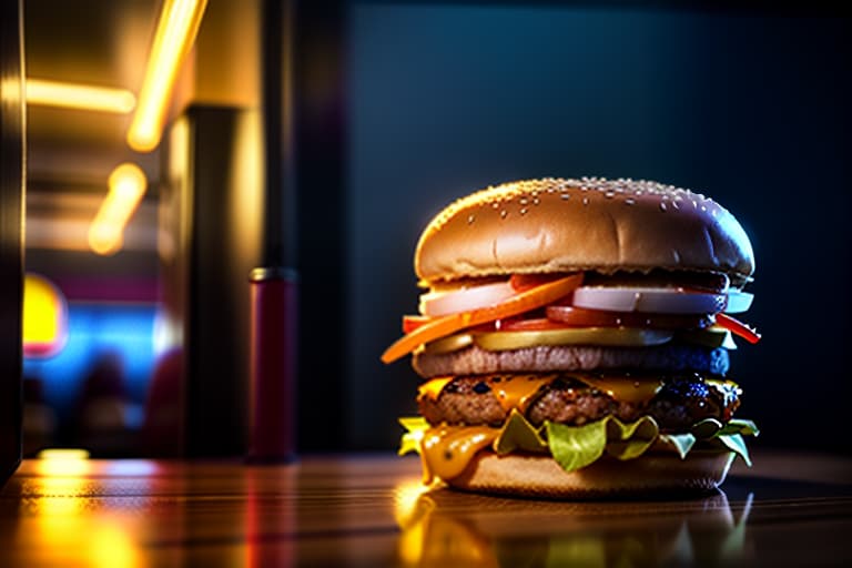  burger, ((((cinematic look)))), soothing tones, insane details, hyperdetailed, low contrast, soft cinematic light, dim colors, exposure blend, hdr, faded, slate grey atmosphere