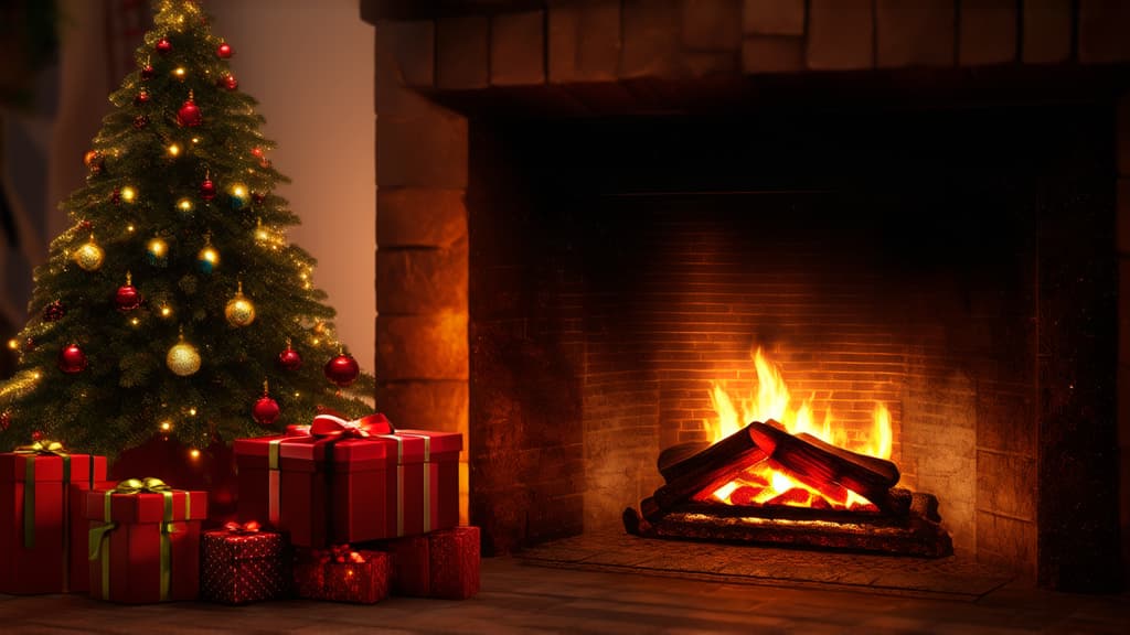  epic realistic, hyperdetailed, (cycles render:1.3), caustics, (glossy:0.58), (artstation:0.82),christmas fireplace with gifts ar 16:9