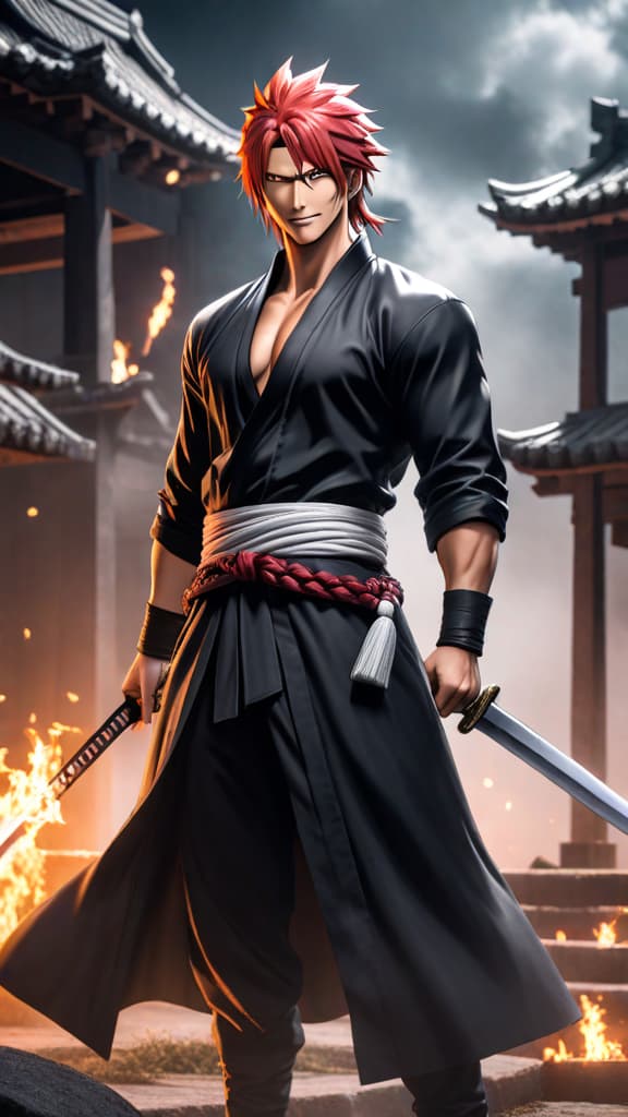  renji from bleach grinning amidst battle ruins, his zanpakuto zabimaru in sleek serpentine form glowing ethereally, anime art hyperrealistic, full body, detailed clothing, highly detailed, cinematic lighting, stunningly beautiful, intricate, sharp focus, f/1. 8, 85mm, (centered image composition), (professionally color graded), ((bright soft diffused light)), volumetric fog, trending on instagram, trending on tumblr, HDR 4K, 8K