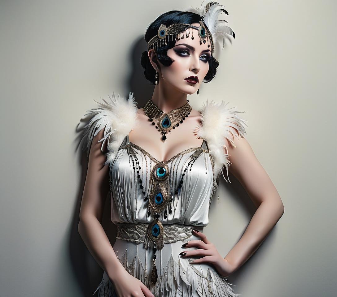  gothic style gatsby feathers in the head are beautiful eyes . dark, mysterious, haunting, dramatic, ornate, detailed, perfecteyes hyperrealistic, full body, detailed clothing, highly detailed, cinematic lighting, stunningly beautiful, intricate, sharp focus, f/1. 8, 85mm, (centered image composition), (professionally color graded), ((bright soft diffused light)), volumetric fog, trending on instagram, trending on tumblr, HDR 4K, 8K