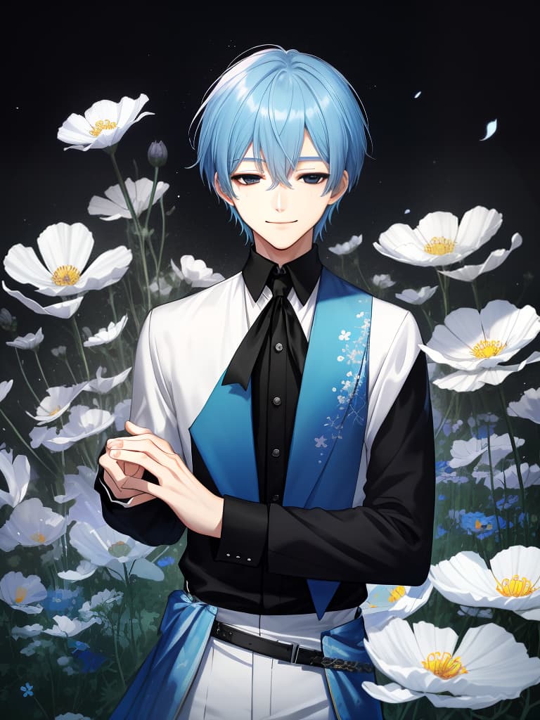  best picture,solo,(( slender male)),handsome,delicate blue hair color,(((delicate black eye color:1.2))),one eye closed,smiling,simple shirt with long black sleeves,cosmos flowers,high quality,16k