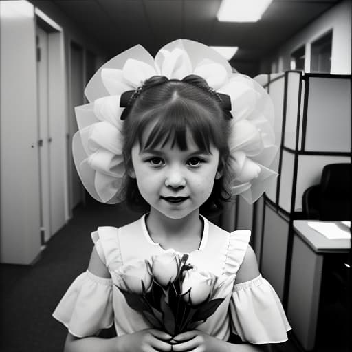  joyful russian first grader, first of september, a large bouquet of flowers in her hands, a large white bow in her hair, in the office, a white with ruffs, a black , spontaneous , urban , cultural , by vivian maier, fan ho, garry winogrand, elliott erwitt, martin parr