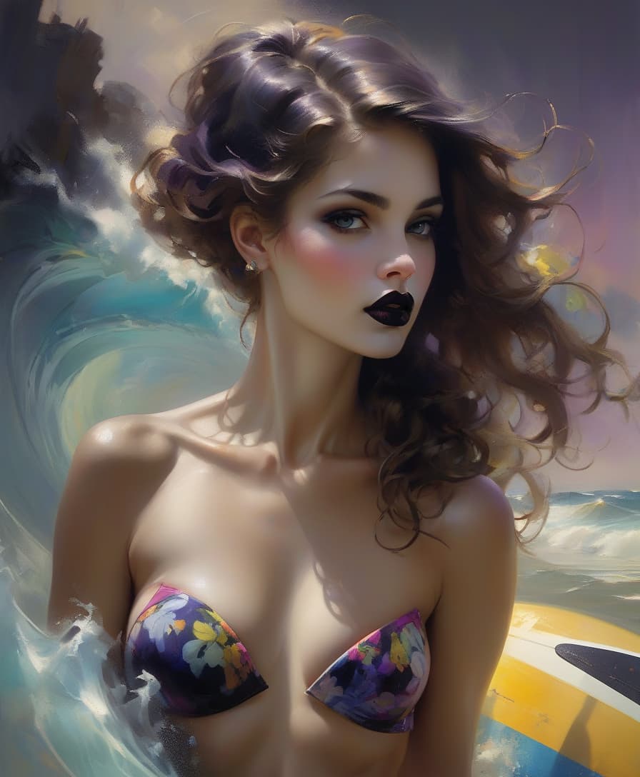  portrait by pino daeni, vladimir volegov, alberto seveso, surfer woman, with voluminous , detailed background, dark art, black lipstick, perfect details, night, colorful, cute, perfect face.