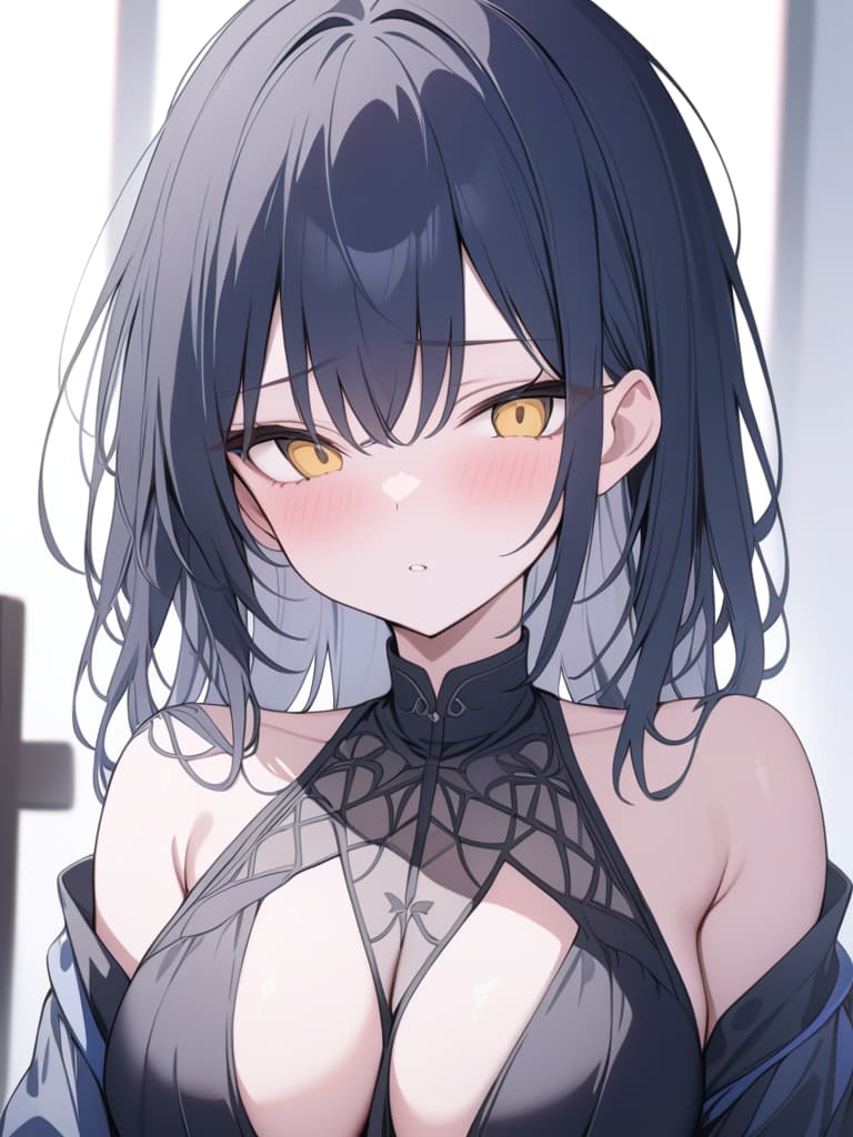  black hair, yellow eyes, slightly hanging, relentless, , cute, , black dress, tsundere, masterpiece, best quality,8k,ultra detailed,high resolution,an extremely delicate and beautiful,hyper detail