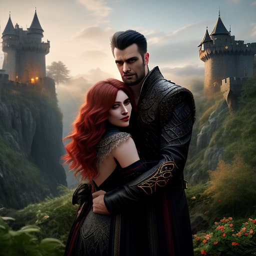  an art, a loving couple of vampires, standing in the back of the chotomic castle, a guy hugs a girl behind the talium, has fangs, a guy has short white hair, a girl has short red hair, their eyes burn hyperrealistic, full body, detailed clothing, highly detailed, cinematic lighting, stunningly beautiful, intricate, sharp focus, f/1. 8, 85mm, (centered image composition), (professionally color graded), ((bright soft diffused light)), volumetric fog, trending on instagram, trending on tumblr, HDR 4K, 8K