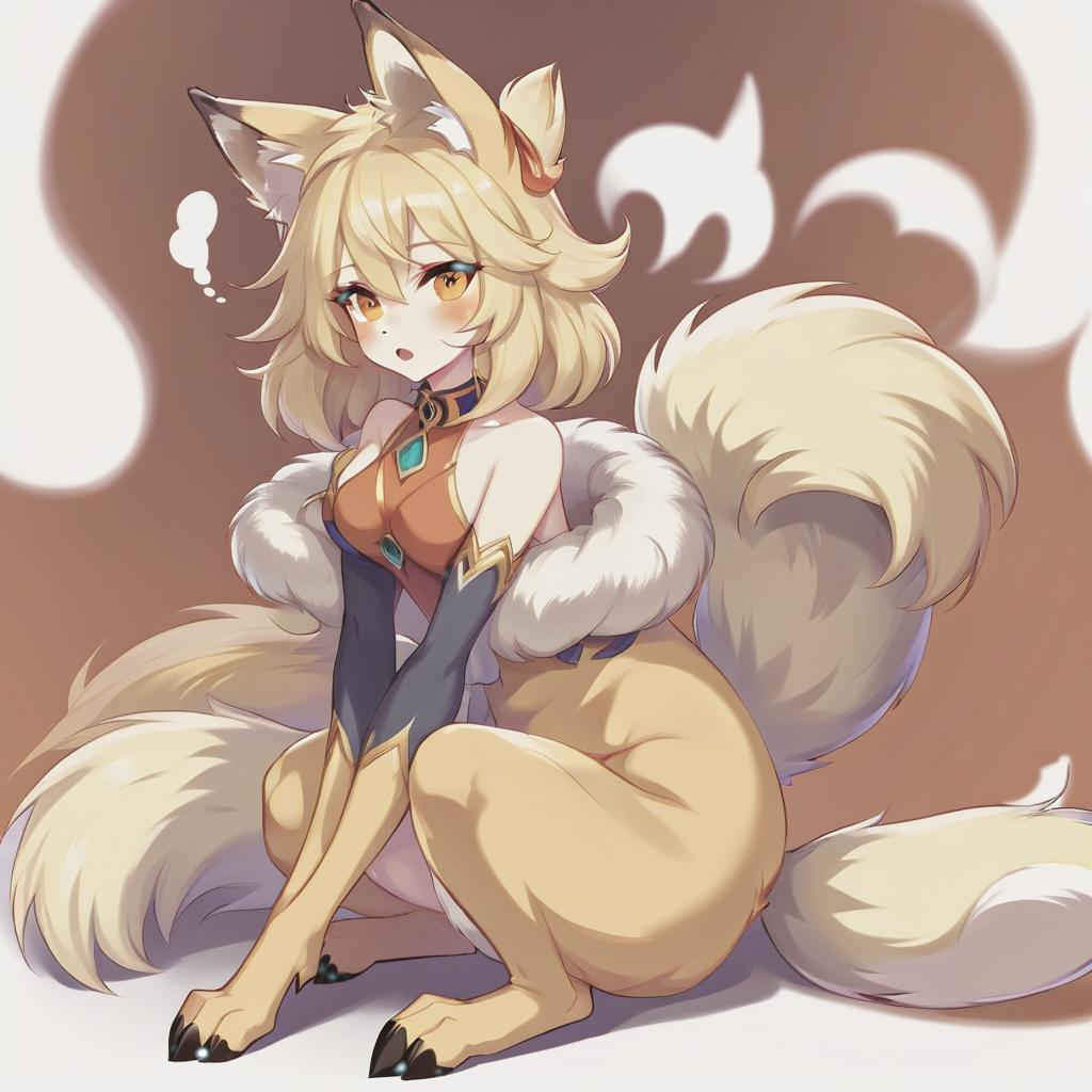  short stature, blonde goddess fox, very huge , very huge , big fluffy ears, and a giant fluffy tail, haircut kare, and fluffy fur on the 