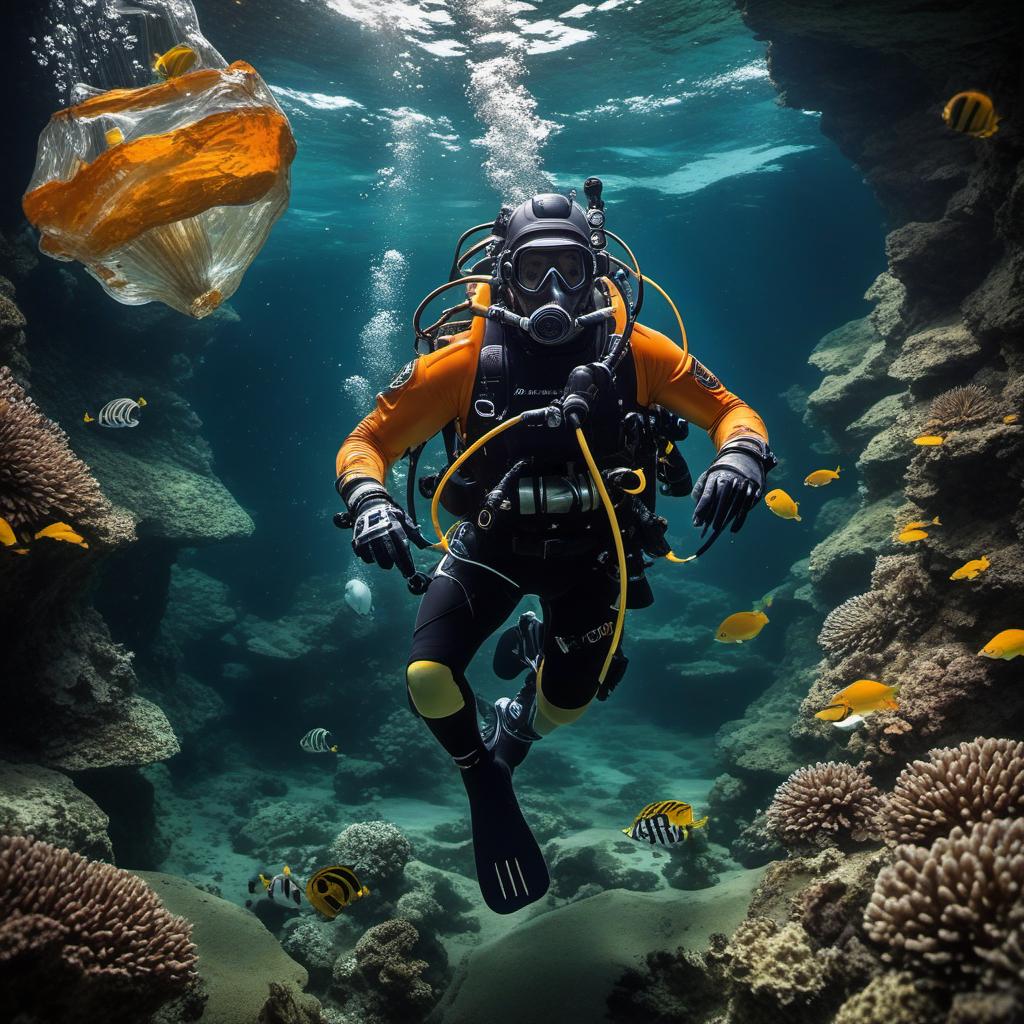  jb name, male, rebreather diver, thick loops, helmet in orange, cave diver, underwater, face view diver, fresh water, shoulder view, jb, mystical style