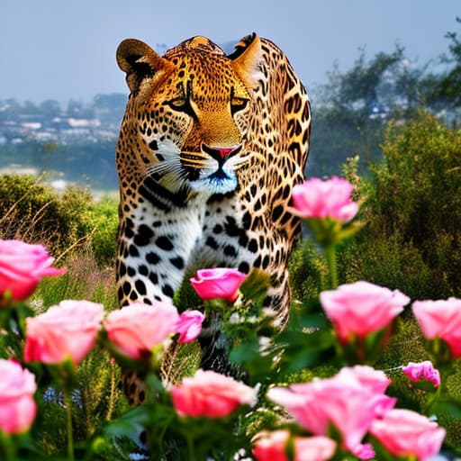 portrait+ style A painting of a leopard with pink roses on it Apply the Following Styles Japonisme, Anime hyperrealistic, full body, detailed clothing, highly detailed, cinematic lighting, stunningly beautiful, intricate, sharp focus, f/1. 8, 85mm, (centered image composition), (professionally color graded), ((bright soft diffused light)), volumetric fog, trending on instagram, trending on tumblr, HDR 4K, 8K