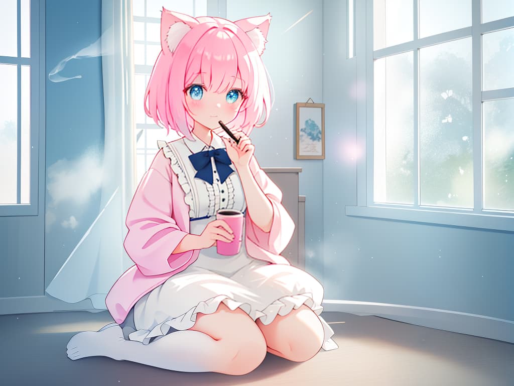  cat ears, bob hair, pink hair, eyes color blue, cute, single, cigarette, tobacco, masterpiece, best quality,8k,ultra detailed,high resolution,an extremely delicate and beautiful,hyper detail hyperrealistic, full body, detailed clothing, highly detailed, cinematic lighting, stunningly beautiful, intricate, sharp focus, f/1. 8, 85mm, (centered image composition), (professionally color graded), ((bright soft diffused light)), volumetric fog, trending on instagram, trending on tumblr, HDR 4K, 8K