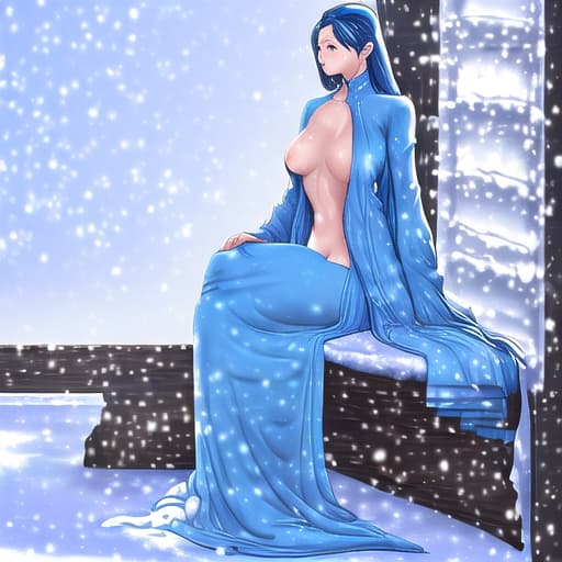  a lady she should nude her big chest and she wear sky blue color woolen dress gown in her bottom wear and sitting in the snow road