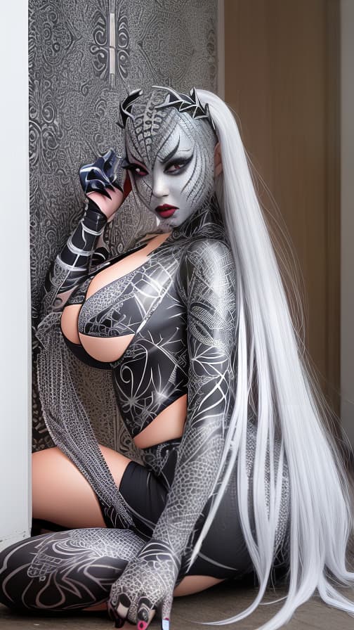  Silver Spider-patterned body paint in every corner of the whole body, full-body, Blark body paint, Silver face paint on the face, succubus 女性