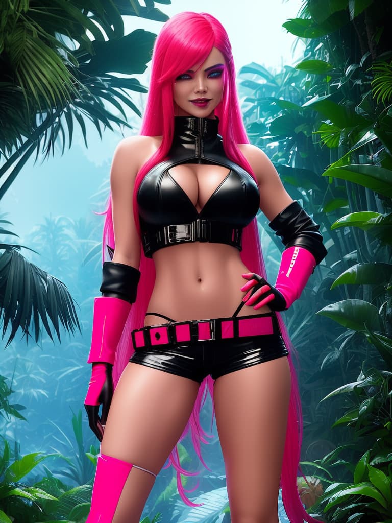  Futuristic female bounty hunter, red flowing, long hair, dressed in skin tight shorts and a sleeveless, leather flack vest; standing in a Columbian jungle outside a large villa...realistic neon pink and bright neon blue, with lots of blood dripping off face, grinning.