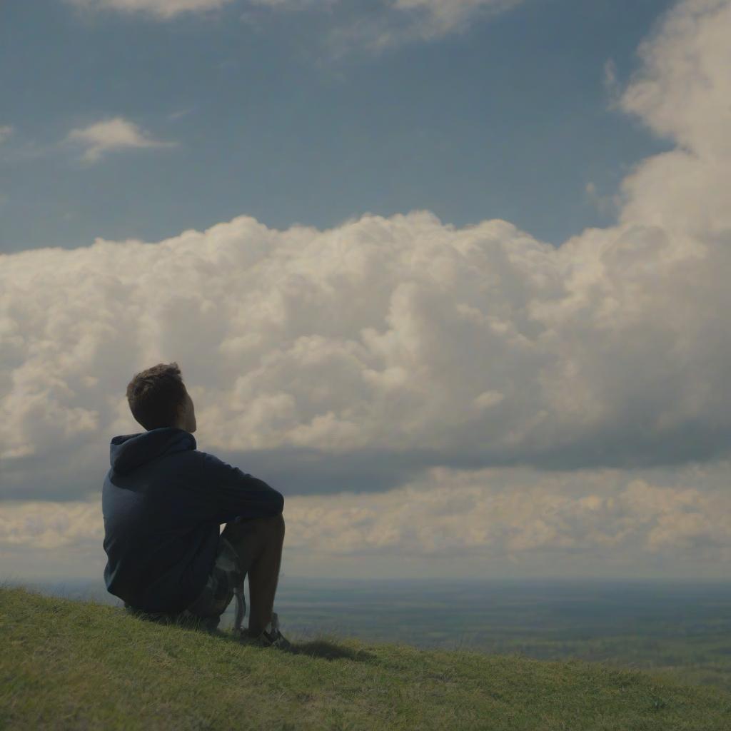  a young man sits on a hill looking at the clouds