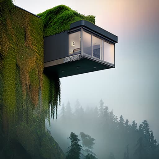 nvinkpunk Realistic architectural rendering of a capsule multiple house within concrete giant blocks with moss and tall rounded windows with lights in the interior, human scales hyperrealistic, full body, detailed clothing, highly detailed, cinematic lighting, stunningly beautiful, intricate, sharp focus, f/1. 8, 85mm, (centered image composition), (professionally color graded), ((bright soft diffused light)), volumetric fog, trending on instagram, trending on tumblr, HDR 4K, 8K