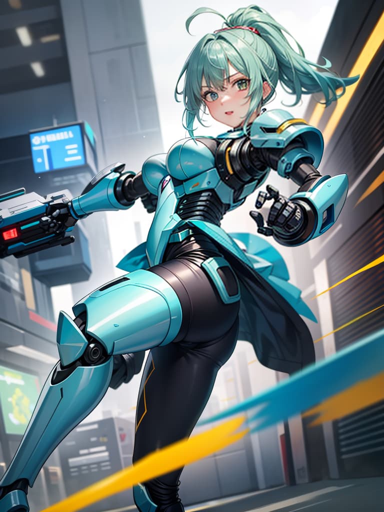  masterpiece,insanely detailed face,solo,girl,intelligence,genius,serious,cool,clear face,aqua hair,hair up,sidelocks,ring hair,humanoid,((mechanical joint)),((exoskeleton)),((mechanical legs)),green colored armor,pose,((kicking,high kick)),((incoming kick)),(standing on one leg),((close up sole,blurr sole)), looking at viewer,((sense of movement,speed line,motion blurr,blurr fore ground)),