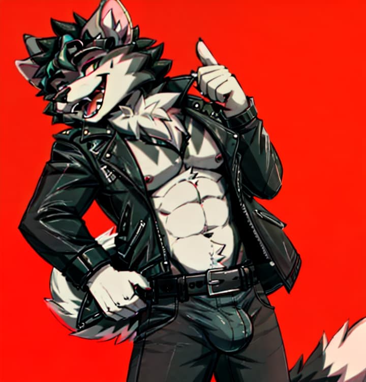  cool skinny twink fluffy rat and wolf mix race guy shirtless with a black leather jacket on open and wearing a black belt and dark grey jeans with a bulge, (anime:1.25)