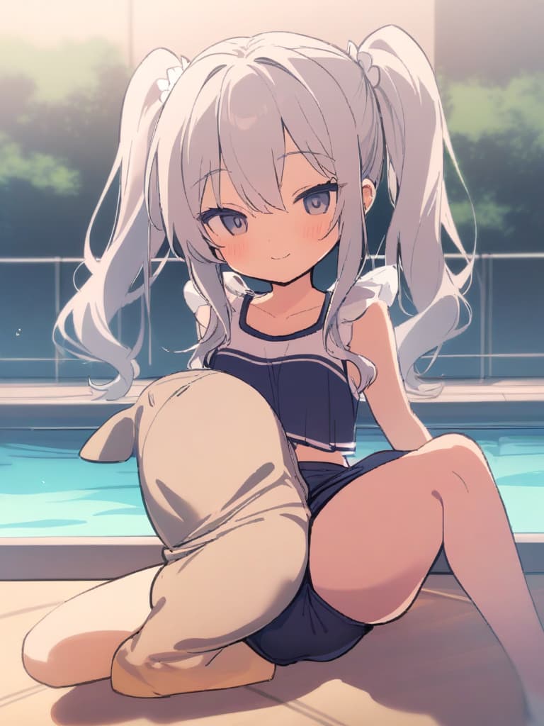  women's elementary students, twin tails, cute smiles, big s, , low stature, navy blue swimwear, old swimwear, swimwear, simple, male (bulging), (bulge), shaped crisp, shaped crisp (), front, whole body, pool side,