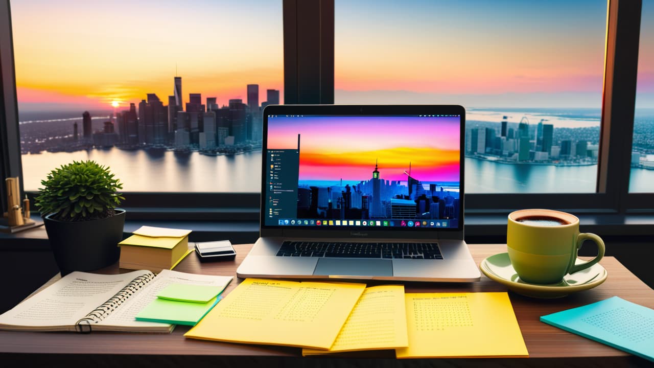  a cluttered desk with a laptop displaying stock charts, colorful sticky notes, and a cup of coffee, surrounded by a stack of beginner trading books, with a window showing a sunrise over a city skyline. hyperrealistic, full body, detailed clothing, highly detailed, cinematic lighting, stunningly beautiful, intricate, sharp focus, f/1. 8, 85mm, (centered image composition), (professionally color graded), ((bright soft diffused light)), volumetric fog, trending on instagram, trending on tumblr, HDR 4K, 8K