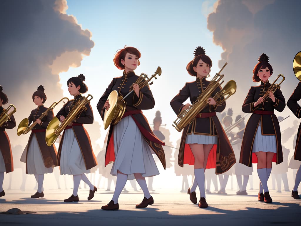  musical instruments, girls of drum and flute squad, ((marching band)), best quality: 1.4, masterpiece: 1.4, ultra detailed texture, 💩, 💩, 💩, 💩, 💩, 💩, 💩, hyperrealistic, full body, detailed clothing, highly detailed, cinematic lighting, stunningly beautiful, intricate, sharp focus, f/1. 8, 85mm, (centered image composition), (professionally color graded), ((bright soft diffused light)), volumetric fog, trending on instagram, trending on tumblr, HDR 4K, 8K