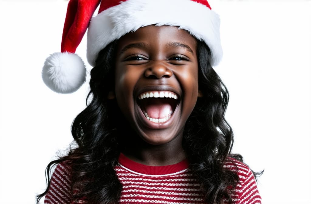  black girl in santa hat screaming joyfully on white background ar 3:2, (natural skin texture), highly detailed face, depth of field, hyperrealism, soft light, muted colors