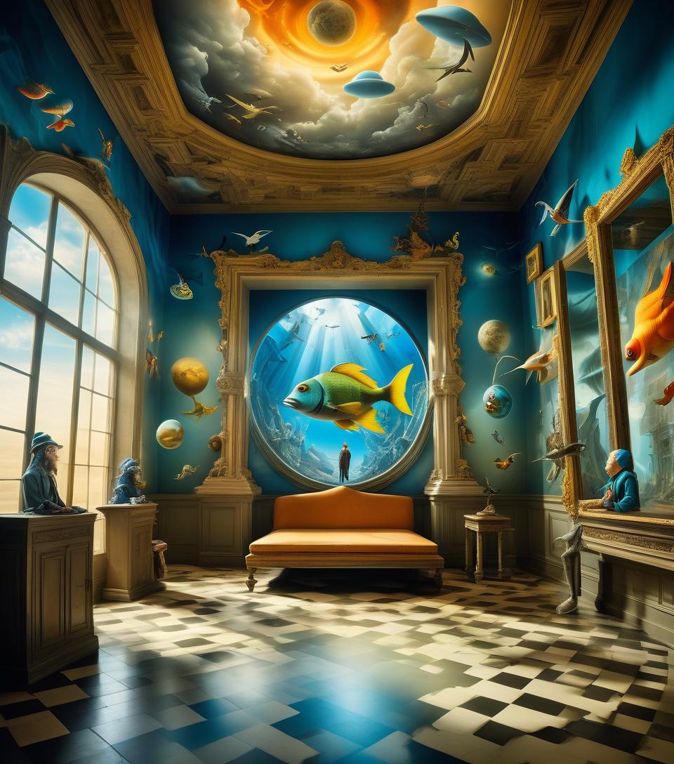  hyperrealistic art a masterpiece, surreal (the plot of a dream:1.4), a color surrealist fantasy. the image shows (two combined rooms:1.5). (cartoon style, caricature style:1.3). (double exposure, layering:1.4). (multidimensional space:1.6) rooms and corridors that mix with each other. a person with (distorted enlarged proportions:1.7) the body looks up in surprise. (phantasmagoria, parallel worlds, mirages:1.5). the heads of mythical animals on the walls, flying ghosts and birds of paradise. fabulous, magical, transformation, unreality, fantasy. inspired by salvador dali and hieronymus bosch, the style of oil painting, complex curved details, bright colors. . extremely high resolution details, photographic, realism pushed to extreme, fine t