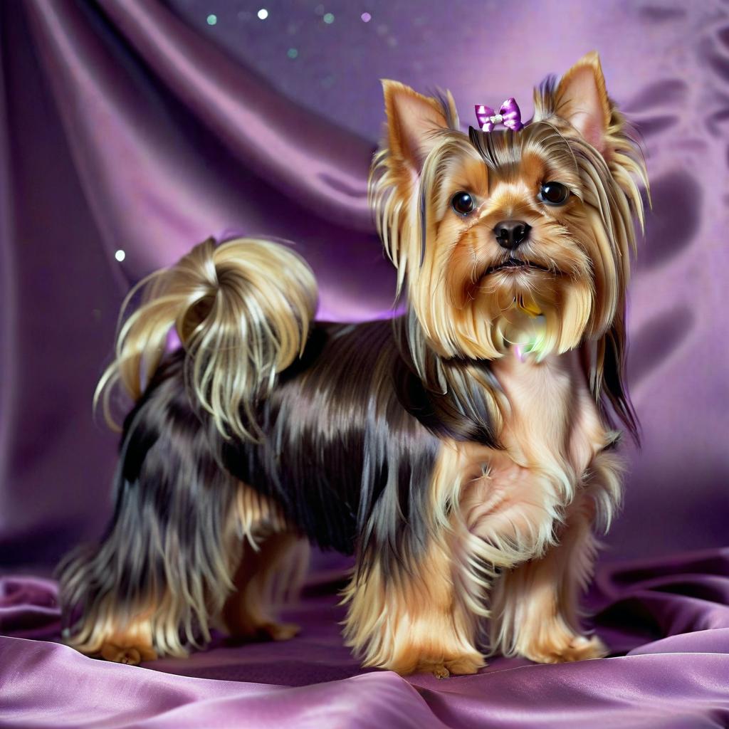  kawaii style yorkshire terrier dog with very long hair stands on a dark purple satin background . cute, adorable, brightly colored, cheerful, anime influence, highly detailed, film photography style