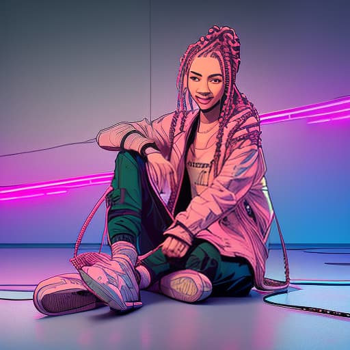 nvinkpunk a beautiful smiling girl with braids, in a pink jacket, is sitting on a chair in the studio light, 8k