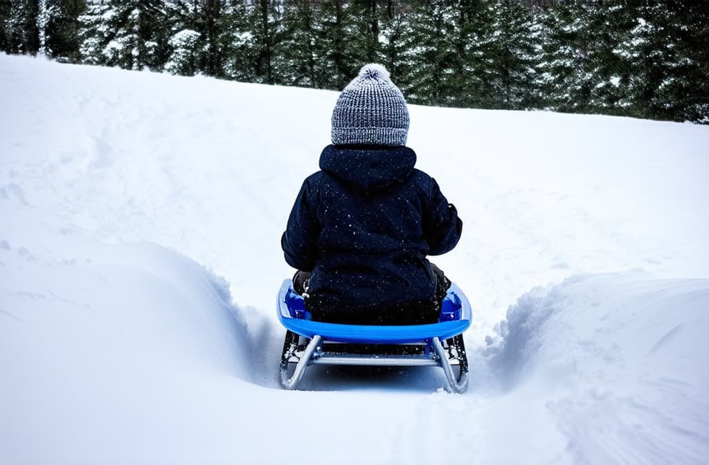  rear view of a child sledding down a snowy hill as it snows ar 3:2 {prompt}, maximum details