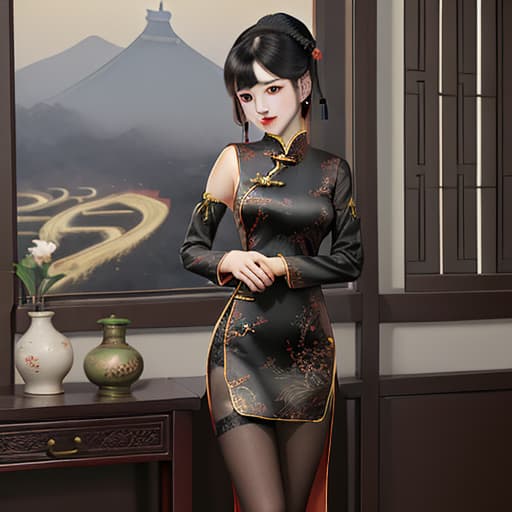  black stockings, qipao (traditional chinese dress), antique style, delicate girl.