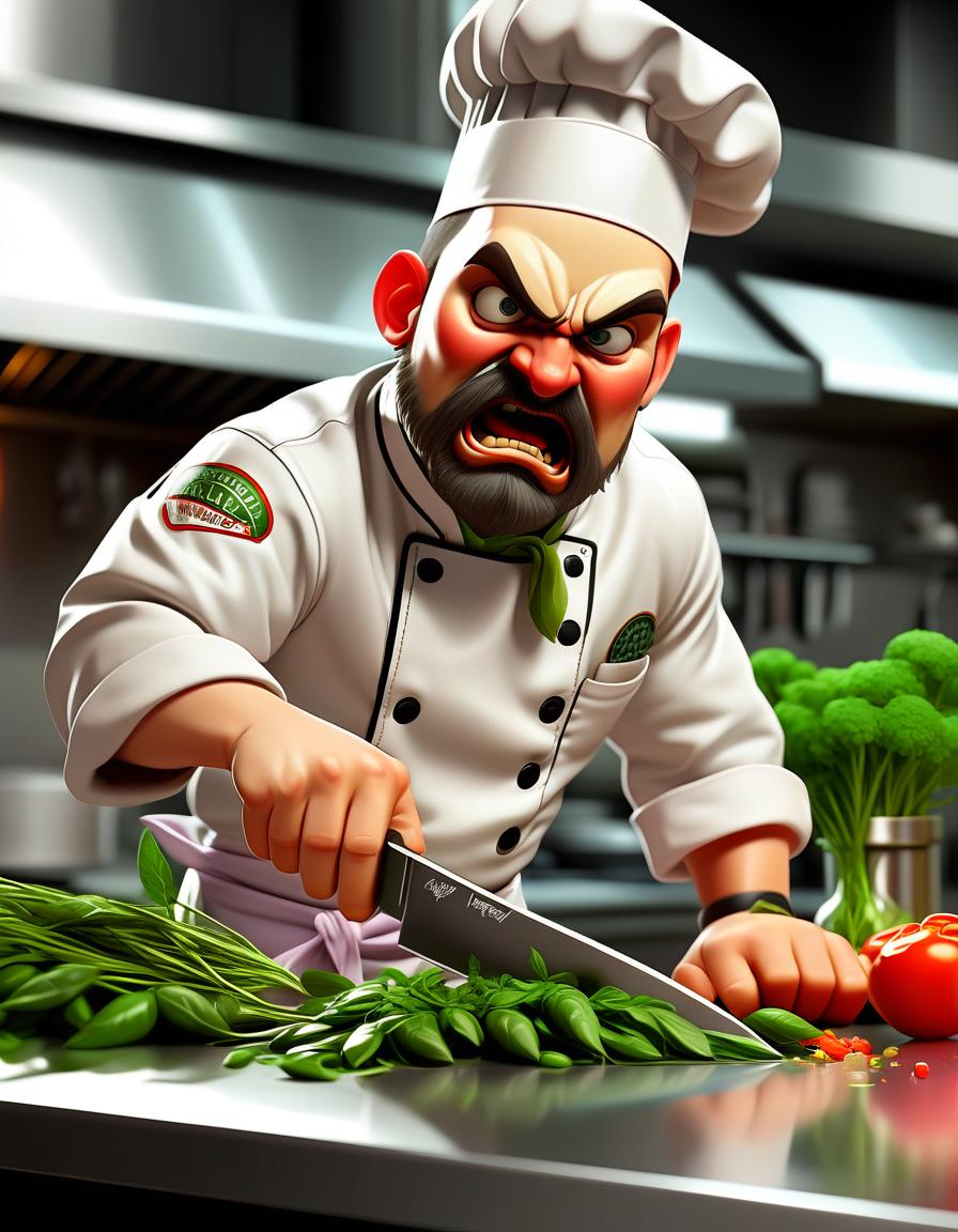  fighting game style a chef skillfully handling a knife, quickly chopping herbs on a shiny stainless steel kitchen counter. . dynamic, vibrant, action packed, detailed character design, reminiscent of fighting video games