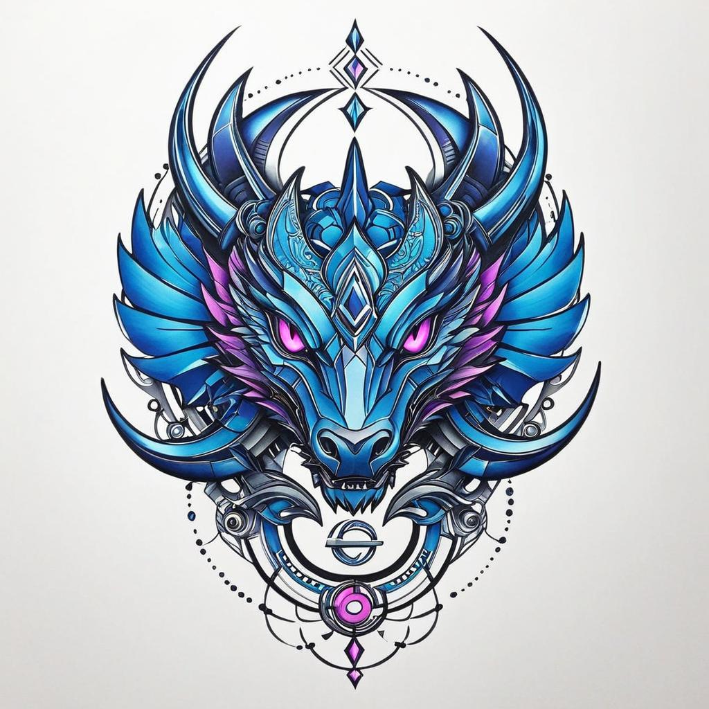  a cybernetic dragon with two crescent moons. use the colors blue, purple, and pink. cyberpunk theme,(tattoo), tattoo design