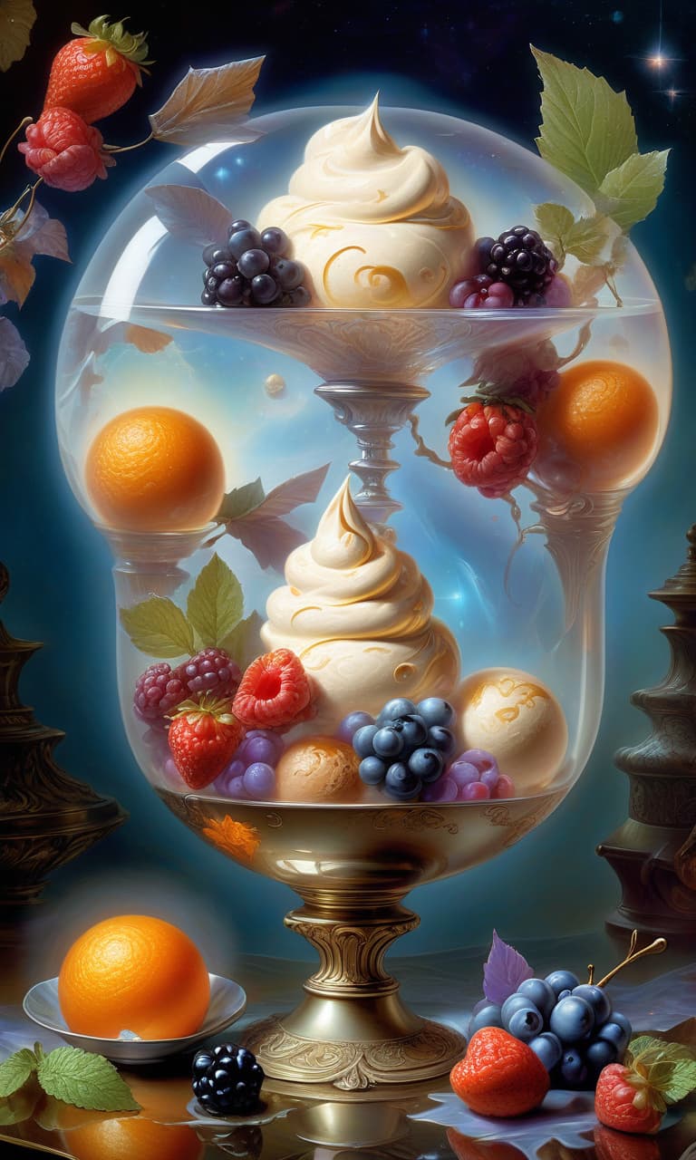  space themed digital art, (double exposure:1.3). multi colored balls of creamy ice cream in elegant crystal vase ((cream: 1.5) with (frost effect: 1.5)) with an orange slice, wafer pieces, chocolate chips, strawberries, blueberries, blackberries, raspberries, a mint leaf, a cinnamon stick, a smoky fractal, an elegant silver spoon. effectmagic, mysticism, fairy tales, in the environment of fantasy art, arabesques, sparkle, a splash of fantasy, unearthly lighting effects, a breathtaking color palette, extremely detailed, in high resolution 10k. surrealism, realism, fantasy, baroque, renaissance. imagination and skill. in the manner of julia dillon, van gogh, salvador dali, mika asai, alfons mucha, robert bateman, thomas kinkade, fragonard. . 