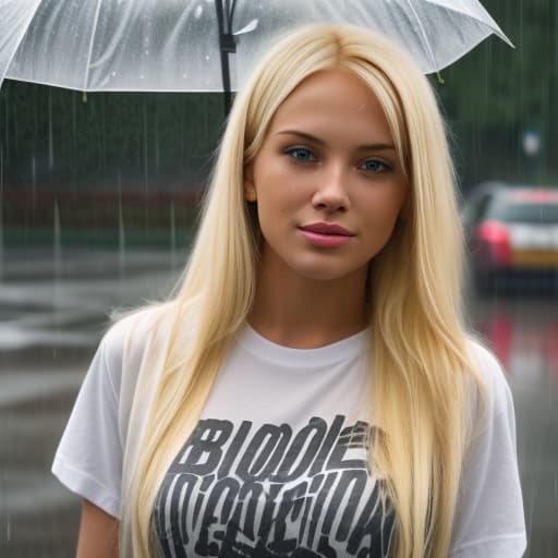  Blonde woman in the rain with a t shirt