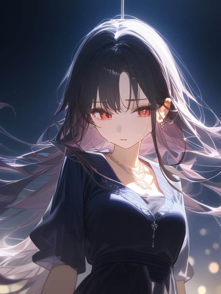  long hair, black hair, hair tips are pink, red eyes, hanging, bangs, and length of bangs, adults, adult faces, piercings, necklaces, thin makeup, night view, hair are light pink and black, crying. there is tears, masterpiece, best quality,8k,ultra detailed,high resolution,an extremely delicate and beautiful,hyper detail