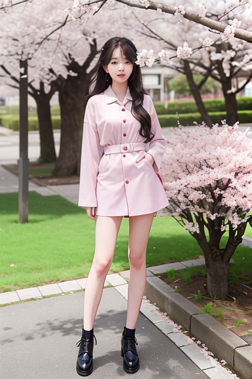  a full body image of a korean with long hair styled with clips, standing under a cherry blossom tree, her face bright with wonder, advertising photo,high quality, good proportion, masterpiece , the image is captured with an 8k camera