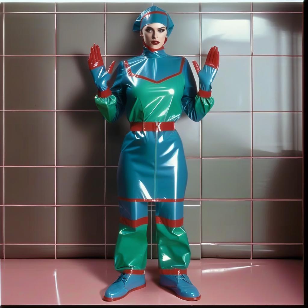  "hyperdetalisation, woman, mistress surgeon, in dressed three color surgical suit, made of glossy latex, standing alone, full length, front view, full face, dressed in, surgical gown, knee length, with elastic waistband, long sleeves, with elastic cuffs, upper part of surgical gown, (from collar to waist), glossy latex dark green, belt at waist, glossy latex red, lower part of surgical gown, (from hem to waist), glossy latex dark blue, in the center of the surgical gown there is an emblem in the form of surgical forceps "burdizzo", upper part of sleeve, (from shoulder to elbow), glossy latex dark blue, lower part of sleeve, (from elbow to cuff), glossy latex dark green, cuffs on sleeve, glossy latex red, (bib with collar), made of glossy d