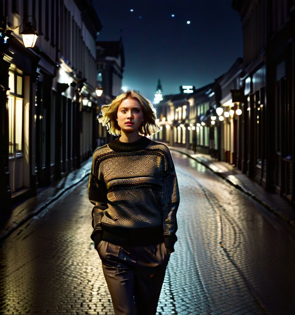  cinematic photo it's dark outside, it's late, a deserted street, complete darkness, pitch darkness on the street, two o'clock in the morning, dim lights, no lanterns, no lighting, she: short blond straight hair, in a sweater and trousers, running, running along the shops, on the right side of the square, turning the corner. he stands looking after her. . 35mm photograph, film, bokeh, professional, 4k, highly detailed, perfecteyes, perfect hands, film photography style