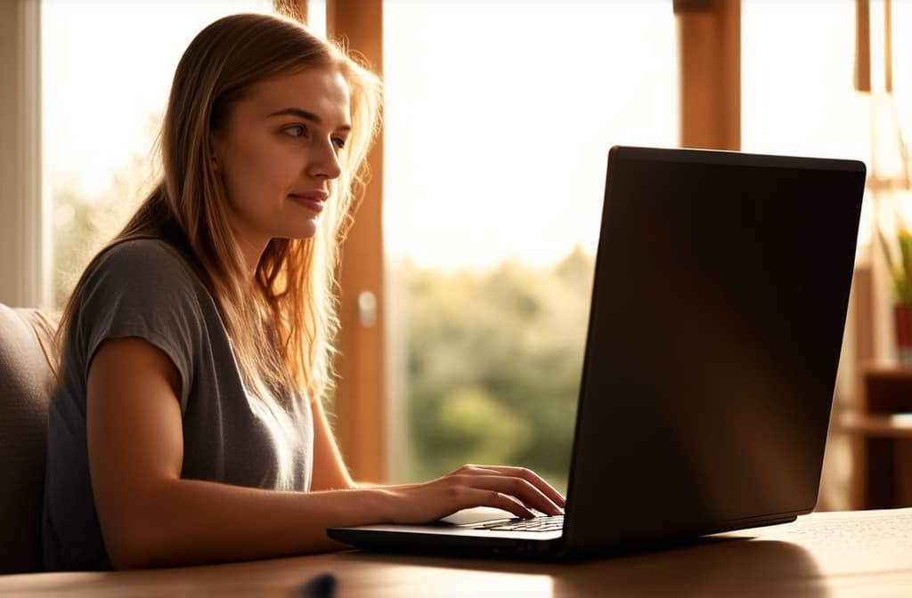  girl working on laptop at home, cozy home style, clear sunny weather ar 3:2, (natural skin texture), highly detailed face, depth of field, hyperrealism, soft light, muted colors