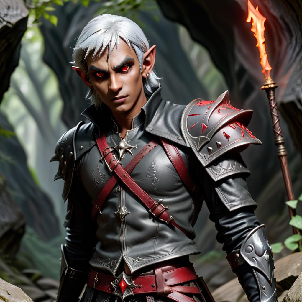  role playing game (rpg) style fantasy drow male elf cleric, dark grey graphite color skin, red eyes, silver medium haircut, black leather jacket, iron battle mace, impudent arrogant rude expression, traveler shoulder bag, half body view, dark cave temple . detailed, vibrant, immersive, reminiscent of high fantasy rpg games, civitai