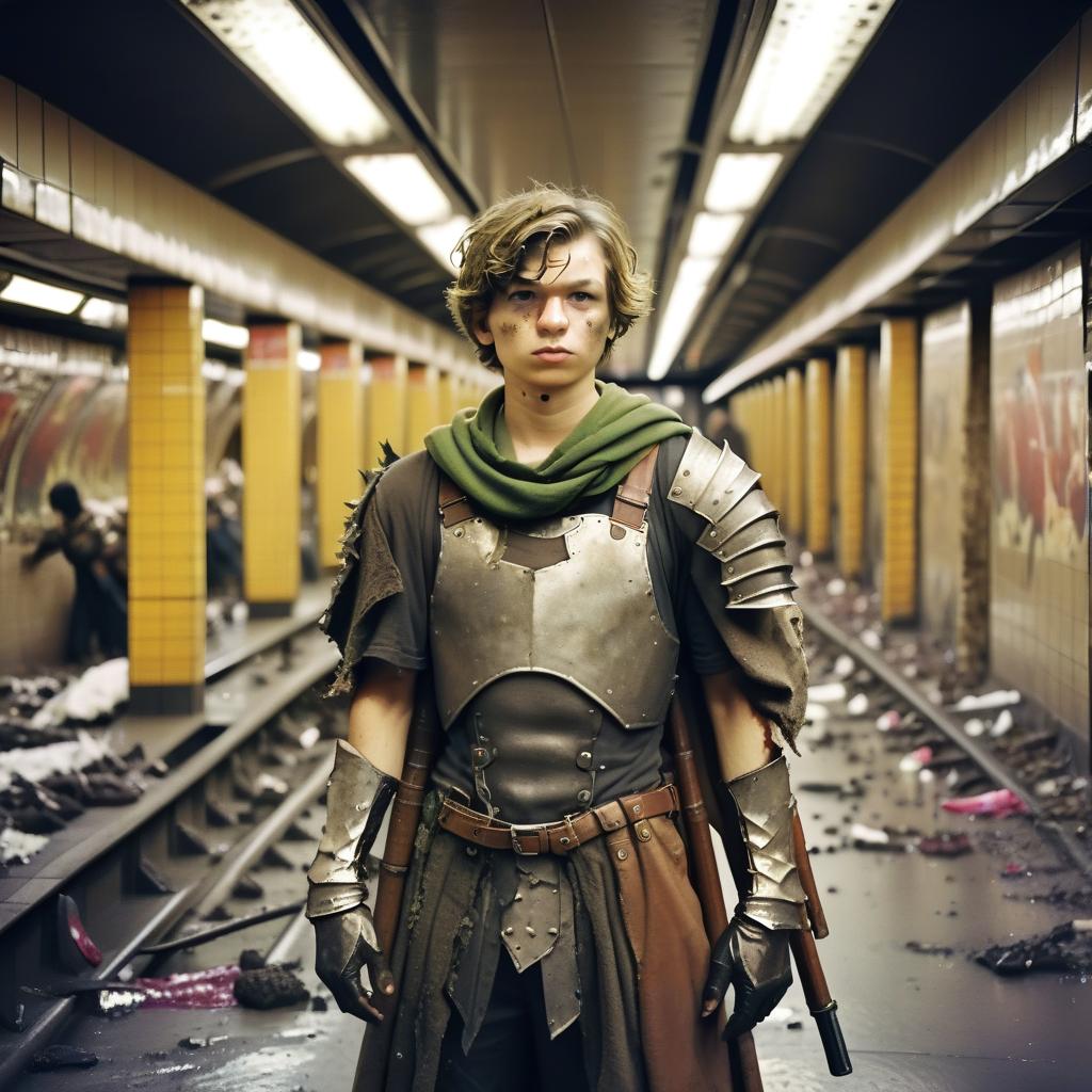  cinematic photo a young guy, the leader of the faction of farmers, all in rags and artisanal armor, in a destroyed subway. . 35mm photograph, film, bokeh, professional, 4k, highly detailed, film photography style