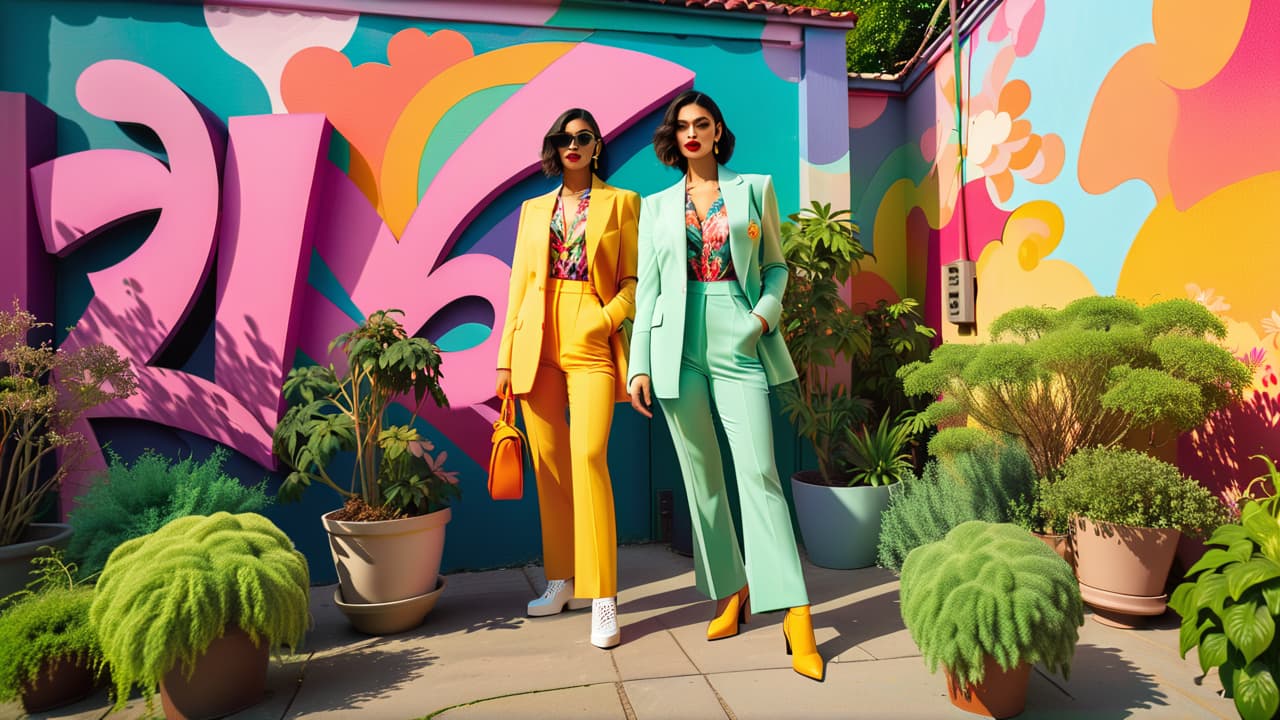  a vibrant street scene showcasing diverse individuals in eclectic vintage outfits: flared trousers, oversized blazers, retro floral dresses, and chunky platform shoes, set against a backdrop of colorful murals and urban greenery. hyperrealistic, full body, detailed clothing, highly detailed, cinematic lighting, stunningly beautiful, intricate, sharp focus, f/1. 8, 85mm, (centered image composition), (professionally color graded), ((bright soft diffused light)), volumetric fog, trending on instagram, trending on tumblr, HDR 4K, 8K