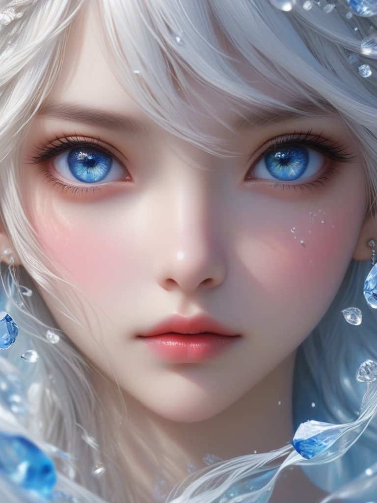  masterpiece,best quality,official art,extremely detailed cg 8k wallpaper,(flying petals) (detailed ice),crystals texture skin,1girl,cold expression,white hair,long hair,messy hair,blue eye,looking at viewer,extremely delicate and beautiful,water,((beauty detailed eye)),highly detailed,cinematic lighting,((beautiful face), fine water surface, (original figure painting), ultra detailed, incredibly detailed, (an extremely delicate and beautiful), beautiful detailed eyes, (best quality)