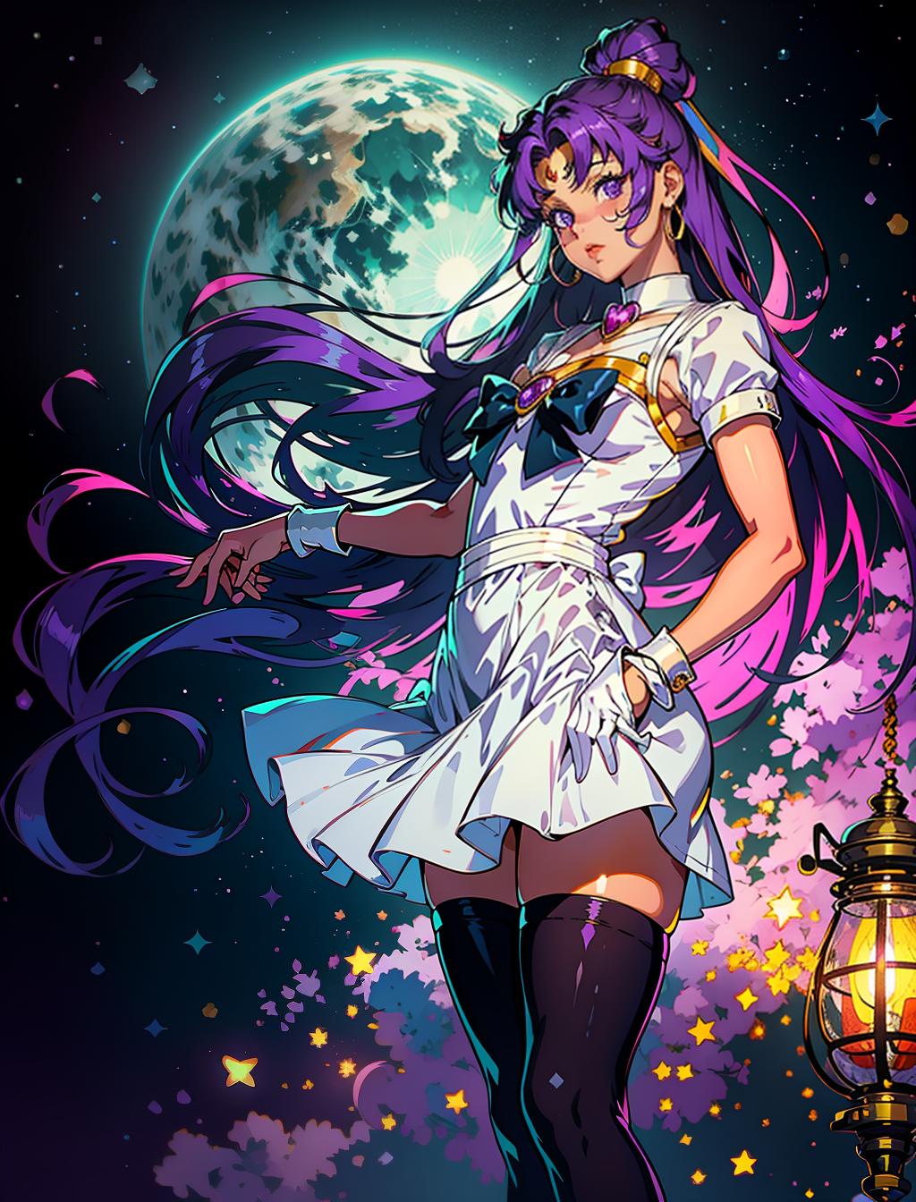  sailor moon style anime, purple hair, long hair, dark skinned, african american, purple eyes, black maid dress,