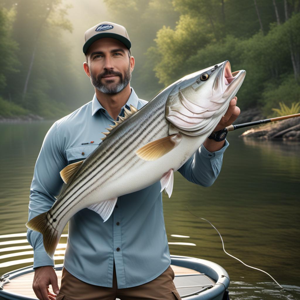  A fishing shirt design featuring a striped bass as the central element. The design should depict the striped bass in a detailed and dynamic pose, with water splashing around it as if it has just been caught or is leaping out of the water. The background can include subtle elements like water, reeds, or a calm lake setting to enhance the fishing theme. The overall design should be realistic and appealing to fishing enthusiasts. hyperrealistic, full body, detailed clothing, highly detailed, cinematic lighting, stunningly beautiful, intricate, sharp focus, f/1. 8, 85mm, (centered image composition), (professionally color graded), ((bright soft diffused light)), volumetric fog, trending on instagram, trending on tumblr, HDR 4K, 8K