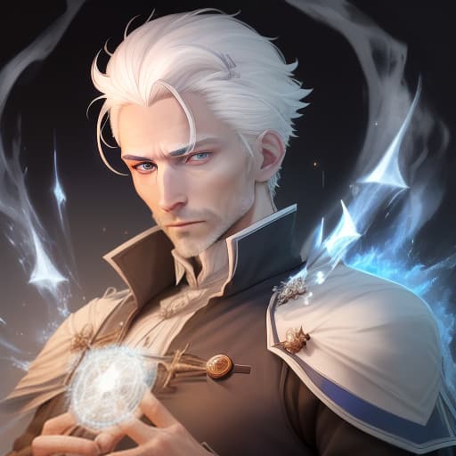  a man in his 30s. white hair up to the shoulders, blue eyes, light skin, no facial vegetation. medium build. sharp facial features. magician, alchemist and healer